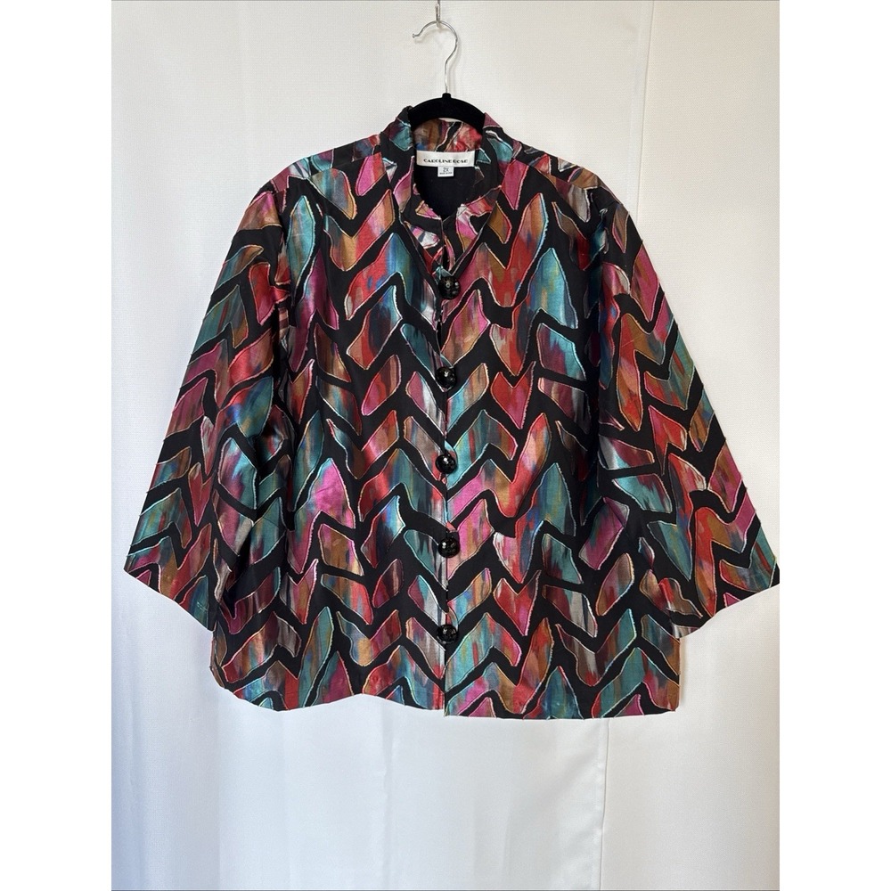 Caroline Rose Silk Blend Jacket Women's Sz 2X Black Abstract Geometric Retro